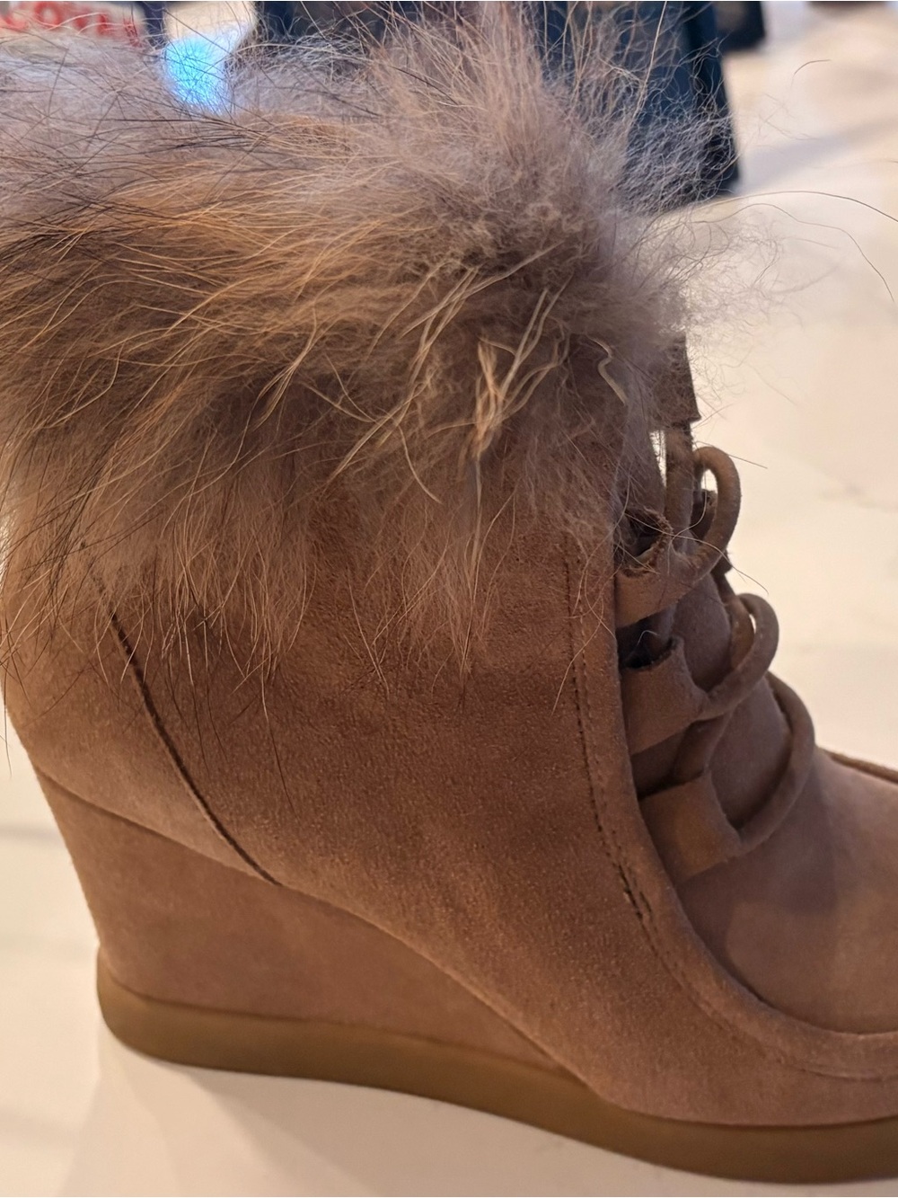 CECILIA NEW YORK Taupe Suede Wedge Ankle Boot with Fur Trim